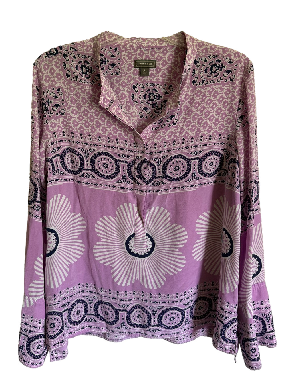 J. Crew Point Sur Lavender Floral Block Print 100% Silk Tunic Blouse Size Large